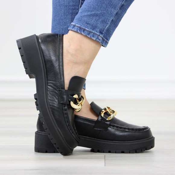 Chunky Lug Sole Slip On Penny Loafers Platform With Gold Chain - Picture 6 of 13